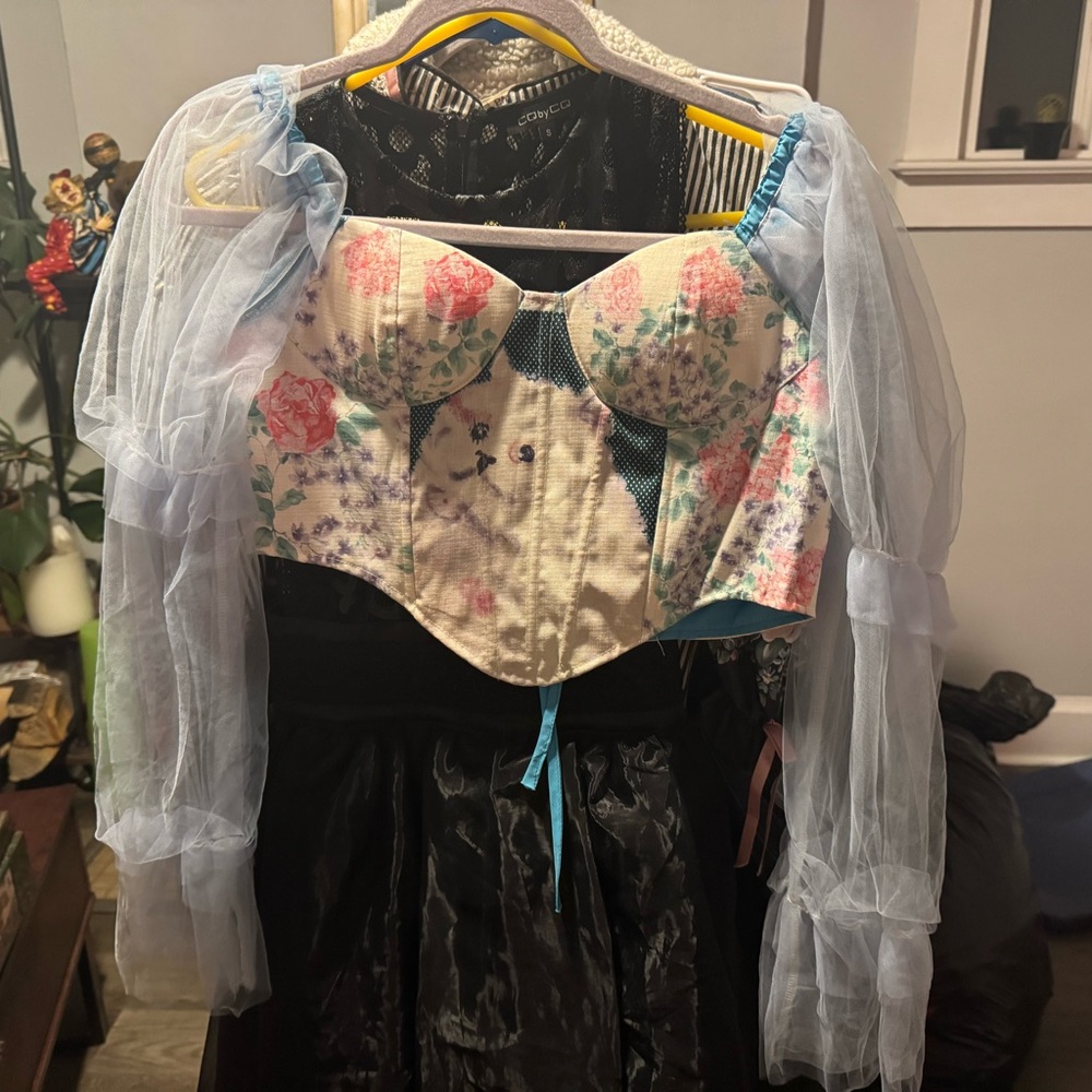 Floral Bustier with Sheer Blue Sleeves